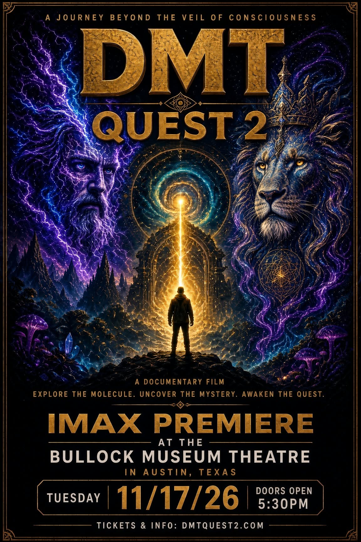 DMT Quest 2 IMAX premiere poster: gold lettering, violet and blue lightning, a lion, and a glowing doorway. Bullock Museum Theatre, Austin, Texas; Tuesday, November 17, 2026; doors open at 5:30 PM.